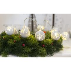 LED karácsonyi lánc, gömb, hópehely, fehér, elemes